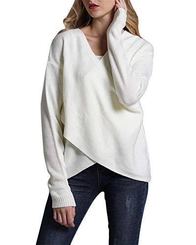 Image of DAIHAN Women Long Sleeves Cross Wrap Front Knit V Neck Jumper Sweater Tops White Medium