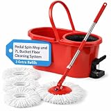 Pedal Spin Mop and 7LT Bucket Floor Cleaning System with 3 Extra Microfiber Mop Replacement Refills - Labor-Saving Foot Pressure Spin Mop with Adjustable Stainless Steel Handle for Floor Cleaning