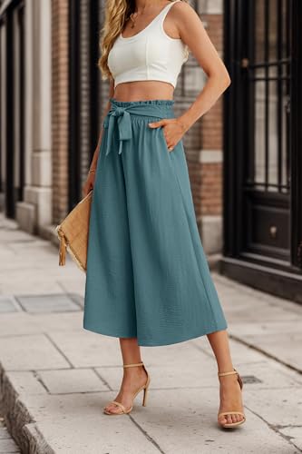 Image of IWOLLENCE Women Flowy Loose Wide Leg Pant Summer Beach Casual Trousers high Waist Adjustable Knot Business Work Casual Pants