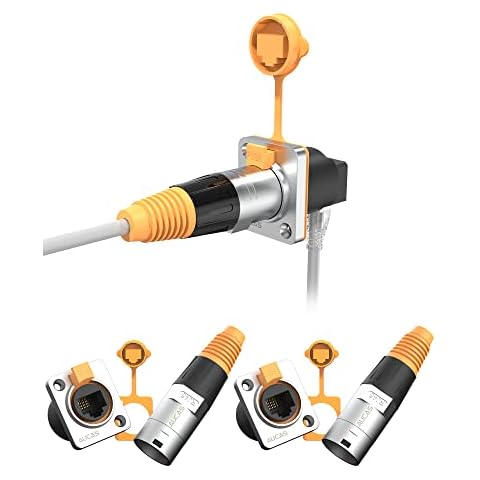 AUCAS RJ45 Interface Waterproof sockets Connector,Panel Mounting Shielded RJ45 IP65 Waterproof PCB Signal Panel Applicable to Cat5/5e/6 8P8C Connector Ethernet LAN Cable Connectors(2 Set) (90°) Cover