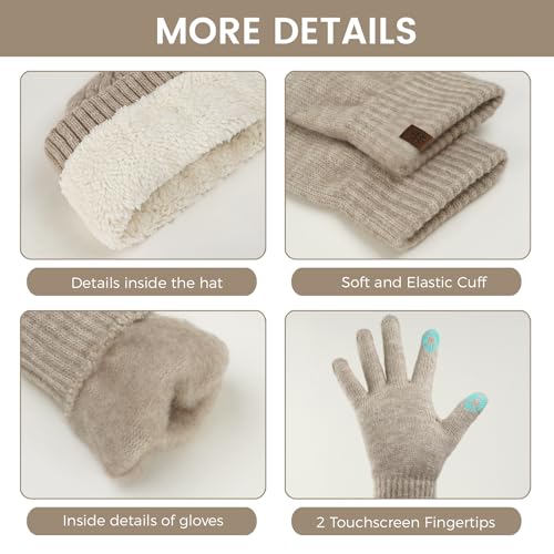 Womens Winter Beanie Hat Scarf Gloves Set, Knit Touch Screen Gloves Long Scarf Skull Caps Fleece Lined Winter Gift4