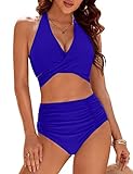 Blooming Jelly Tummy Control Swimsuits for Women Modest High Waisted Bikini 2 Piece Swimsuit (X-Large, Royal Blue)