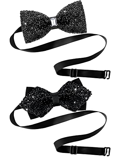 Jiuguva 2 Pcs Rhinestone Velvet Bow Tie Pretied Bow Tie Adjustable Rhinestone Bow Tie For Men Women Banquet Wedding Party (Black, Rhinestone Polyester) #TOP23