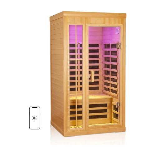 Kanlanth 1-2 Person Infrared Sauna, Hemlock Wood Low EMF Far Infrared Saunas for Home, 1350watt Indoor Personal Sauna Room Box with APP Control, Glass Door, Blue-Tooth, LCD, LED Reading Light
