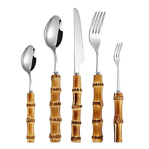 Image of bamboo flatware sets, bamboo handle cutlery set, household kitchen utensil flatware sets for 6, recommend Hand Washing (30 pieces)