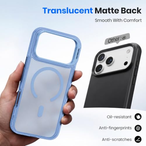 Image of Elzzi Kickstand Case for iPhone 17 Pro Max Case Compatible with MagSafe, Built-in Adjustable Camera Guard Stand, Translucent Matte Anti-Fingerprint Heavy Duty Shockproof Phone Cover - Official Blue