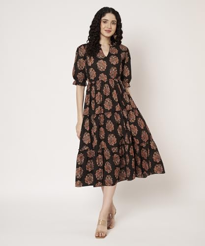 Image of PIDAVLIYA'S Women's Cotton Floral Printed Midi Dress | V-Neck Fit & Flare Dress with Puff Sleeves | Casual Summer Wear