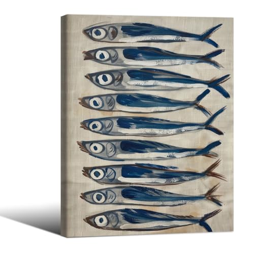 Sardine Painting Poster Vintage Sea Life Fish Wall Art Retro Coastal Antique Still Animal Canvas Prints 08x10 inch Framed for Kitchen Dining Room Wall Decor