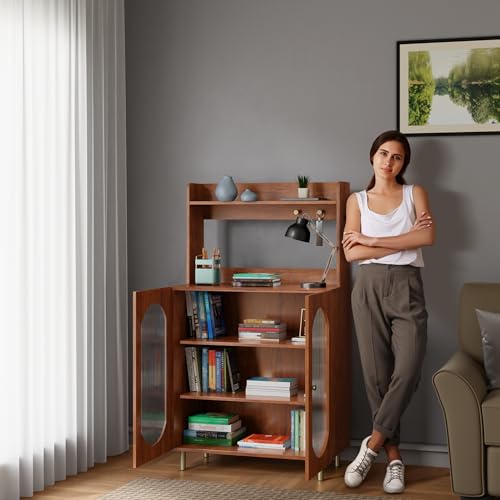 Image of Rocco Stellar Bookshelf with Upper Shelf, Auto LED Lights & Acrylic Doors | Engineered Wood Bookcase | Adjustable Shelves, Scratch-Resistant | Living Room, Library & Office (Teak Brown, Medium Size)