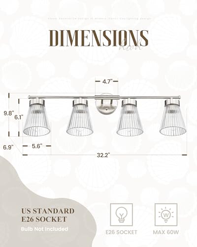 Image of 4-Light Bathroom Vanity Light Fixtures, HWH Brushed Nickel Bathroom Vanity Lighting Modern Vanity Light Over Mirror with Clear Striped Glass Shade, 5HZG97B-4W BN