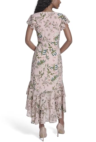 Image of Tommy Hilfiger Women's Flutter Sleeve V-Neck Ruffle Trim Hi-Lo Midi Dress