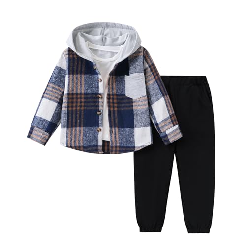 Image of Size 2-6 Years Toddler Boys Clothes Plaid Hooded & Pants 2 Piece Set Kids Boys Fall Outfits Sets