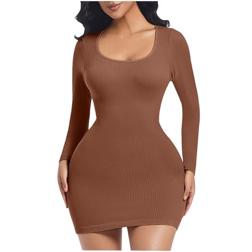 Women's Seamless Shapewear Dress - Tummy Control Bodycon Mini Dress with Long Sleeves & Crewneck for Sleek Silhouette & All-D