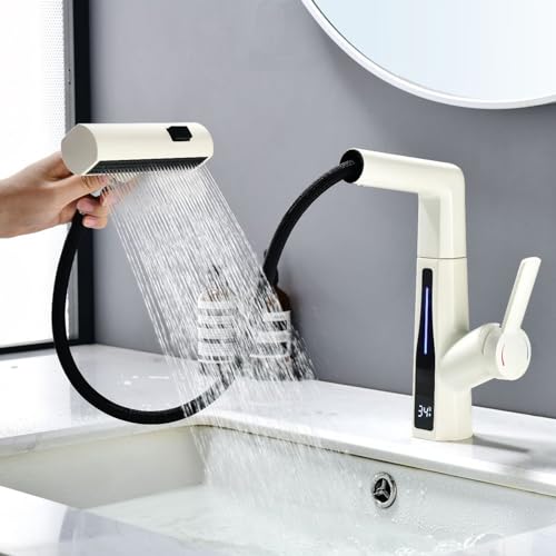 Robinet de salle de bain cascade gris au design architectural et écran numérique