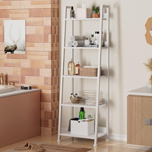 Image of Furologee 5-Tier White Ladder Shelf, Ladder Bookshelf with Removable Drawer, Mordern Bookcase Storage Rack Organizer, Wood Metal Freestanding Storage Shelves for Living Room, Home Office, Bedroom