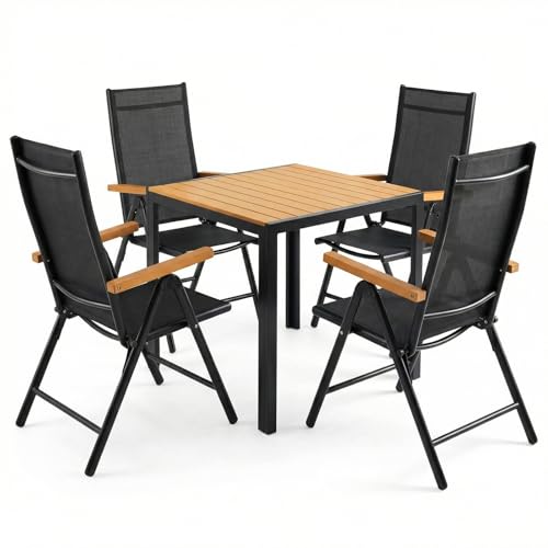 LIFERUN Alu Gartenmöbel Set 5-tlg, Balkonset 4 Stühle 1 Tisch, WPC Gartentisch + 4er Hochlehner Gartenstuhl Klappbar Wetterfest Aluminium Balkonmöbel für Veranden, Innenhöfe, Terrassen, Teakbraune5pcs