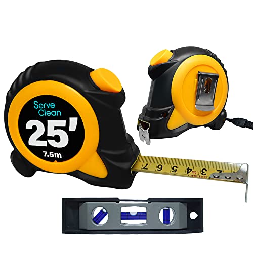 Serve Clean Automatic Lock 25 Ft / 7.5 Meter Measuring Tape (2 Pack) Includes One 6" Torpedo Level #TOP1
