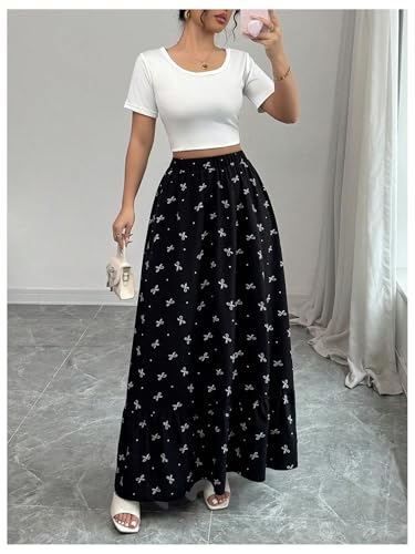 SHENHE Women's Ruffle Maxi Skirt Bow Print A Line Elastic High Waisted Flowy Long Skirt4