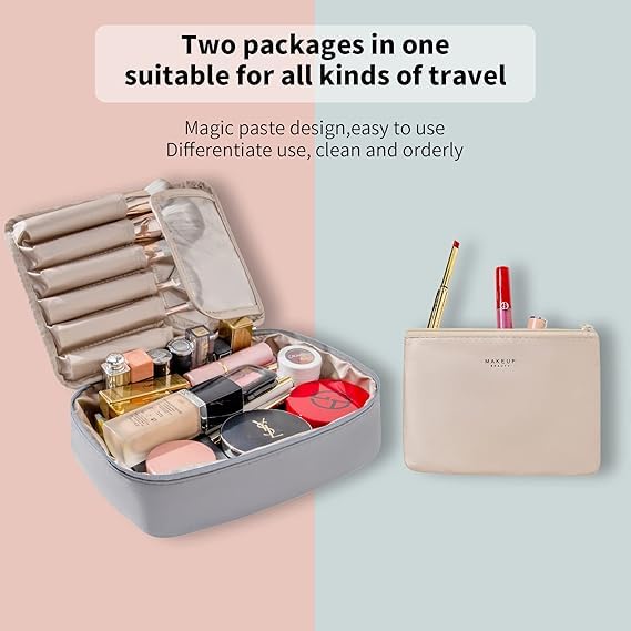 Image of WEMOL Small Travel Fashion Cosmetic Organizer Bag with Detachable Pouch, Super Soft Makeup Organiser Bag for Brushes, Toiletries, Cosmetics Items for Women (Grey)