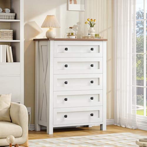 DWVO White Dresser, 5 Chest of Drawer Dresser for Room, Modern Tall Nightstand with Deep Drawers, Organizer Drawers for Living, Hallway