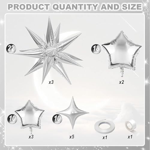 Image of 22 Inch Star Balloons Silver - 13pcs 4D Foil Metallic Star Balloons for 70s Disco Party Birthday Graduation New Year Decorations