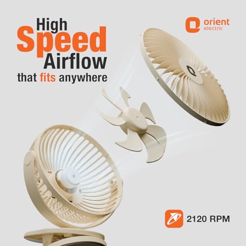 Image of Orient Electric Orbis Rechargeable Personal Fan | 360 Rotation | 1800 mAh Battery | 4 Speed Modes with Timer | Quiet Operation | USB Type-C Charging | Clip-On Mini Fan (Beige)