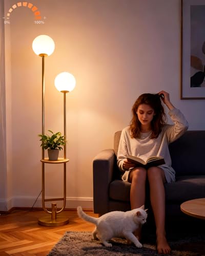 Image of Lightdot 63IN Gold Floor Lamp with Table 2 Globe Mid Century Standing Lamps with 3000K LED Bulbs Unique U-Pole Vintage Floor Lamp with 5Lbs Heavy Base for Living Room /Party /Sofa Beside /Corner Decor
