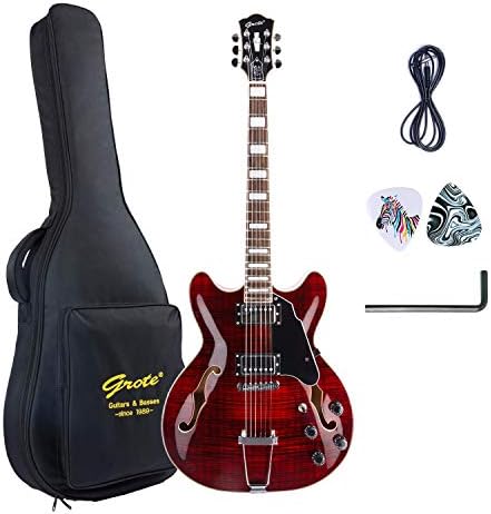GROTE Jazz Electric Guitar Semi-Hollow Body Trapeze Tailpiece Bridge Guitar Gig Bag (RED)