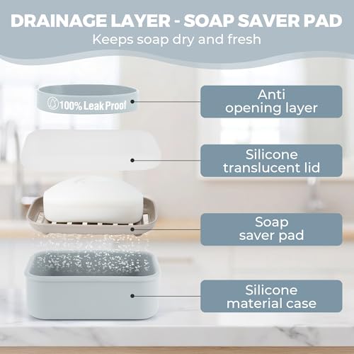 Compact Leakproof Travel Soap Case with Lid & Silicone Strap - Portable Draining Soap Bar Holder for Gym, Bathroom, Camping - Lightweight Silicone Soap Dish Container (Gray) - Image 5