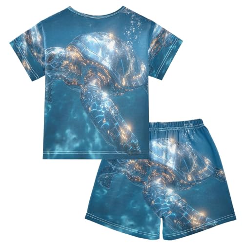 ALAZA Sea Turtle Swimming Blue Pajamas Set Short Sleeve Cotton Sleepwear Summer Pjs 2 Piece 5-14Y2