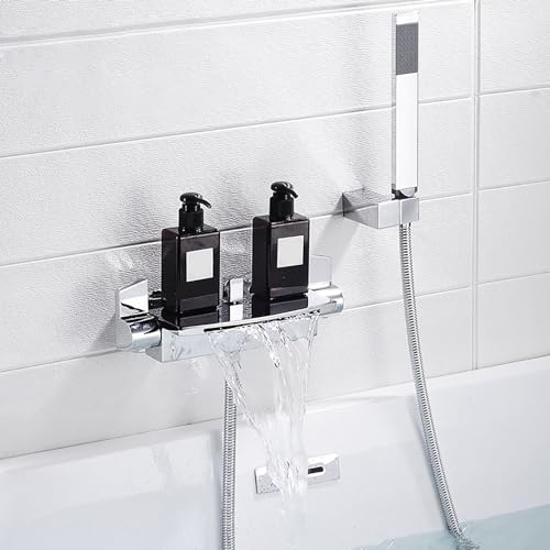 Grifos de bañera modernos empotrados en la pared, grifo de bañera en cascada de latón, válvula mezcladora de agua caliente y fría negra, juego de cabezal de ducha simple, grifo lateral de bañera con