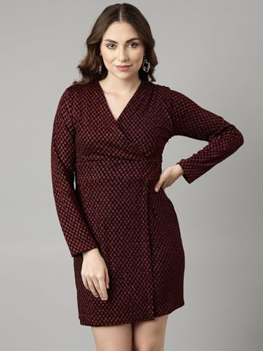 Image of SHOWOFFFF Women Self Design Wrap Party Dress | V Neck Full Sleeves Jersey Dress for Womens | Above Knee Dress for Women's