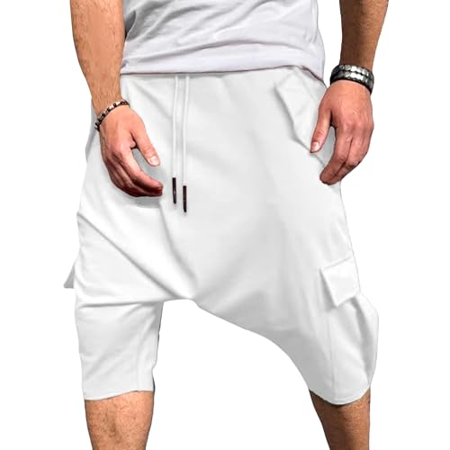 Maiyifu-GJ Men's Baggy Low Crotch 3/4 Joggers Hippie Harem Jogger Capri Pants Multi Pockets Drop Crotch Yoga Sweatpants