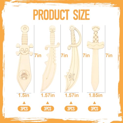 lomdung 12 Stück Piratenschwerter aus Holz, Piraten Schwert Holz, mit 12 Stück Farbige Stifte, Piratenschwerter zum Bemalen, Selbst Kreatives Piratensäbel, für DIY Kinder Malen Dekoration