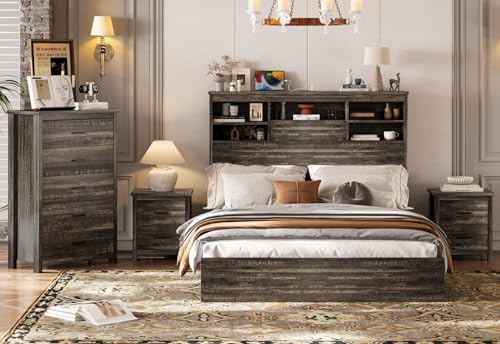 Image of Merax 4-Pcs Queen Size Bed Frame Dresser Night Stand Bedroom Set, Platform with USB Charging Ports Storage Headboard & 1 x 5 Drawers Cabinet & 2 x Nightstands, Wooden, Antique Grey
