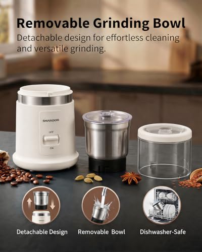Image of SHARDOR Quiet Coffee Grinder Electric, 70g Removable Bowl Spice Grinder for Coffee Beans, Seeds and Grains, Super Silent Grinding Mill with 60dB Low Noise, 2.5oz Capacity, White