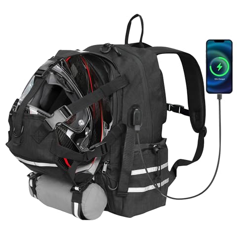 JLDTOP Motorcycle Backpack, Motorcycle Helmet Backpacks with Extra USB Port for Women, Men, Riding Backpack Motorcycle with Large Capacity Reflective, Long Distance Travel Backpack (Black)
