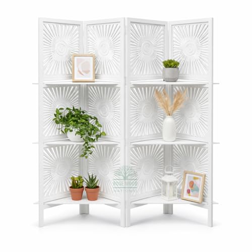 Image of Wooden Room Divider 6 Feet, 4-Panel Folding Wooden Partition for Living Room, Office, Pooja Room, Restaurant, Kitchen & Balcony (2W x 1.82H Meters). (White Shelves)