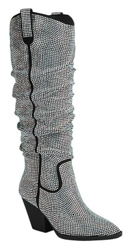 Forever Women Rhinestone Western Cowboy Pointed Toe Knee High Pull-on Boots River-29 Black Slouchy 7.5