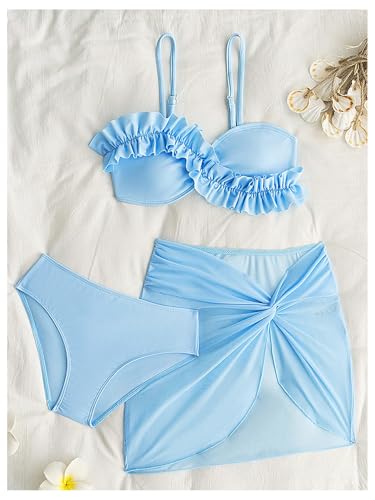 SweatyRocks Girl's 3 Piece Ruffle Swimsuit Spaghetti Strap Bathing Suit with Twist Cover Up Skirt3