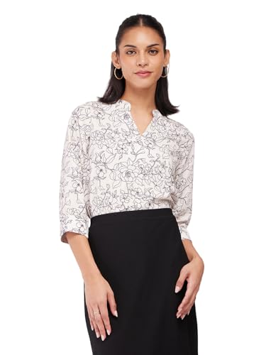 Image of FableStreet Women Shirt Work & Casual | Relaxed Fit Mandarin V-Neck Three-Quarter Sleeves Solid Pattern | Breathable Woven Fabric for Office & Everyday Wear