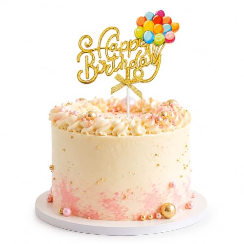 Image of Wanna Party Happy Birthday Cake Topper, Gold Script Balloon Design with Bow, Multicolor Birthday Cake Decoration Pick for Kids, Adults, Party Cakes & Dessert Table - 1PC