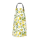 Lemon Fruits Cute Apron, White Flowers Green Tree Leaves Plus Size Apron with 2 Pockets Waterproof U