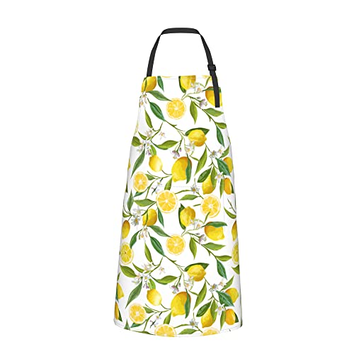 Lemon Fruits Cute Apron, White Flowers Green Tree Leaves Plus Size Apron With 2 Pockets Waterproof Unisex Adjustable Neck Strap Apron For Woman Man Cooking Bbq Baking Painting Waiter Apron, Yellow #TOP7
