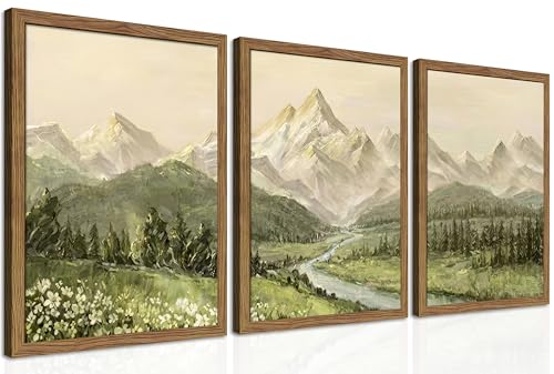 Framed Mountain Wall Art for Living Room Green Nature Landscape Canvas Wall Decor Set of 3 Vintage Forest Rustic Farmhouse Prints Pictures Paintings for Office Bedroom 12x16 Inch