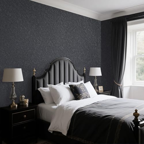 Tarwanear Plain Black Wallpaper for Bedroom Black Bedroom Wallpaper Matte Textured Plain Pattern Faux Distressed Wall Paper for Adults Kids Teenager Room Feature Wall