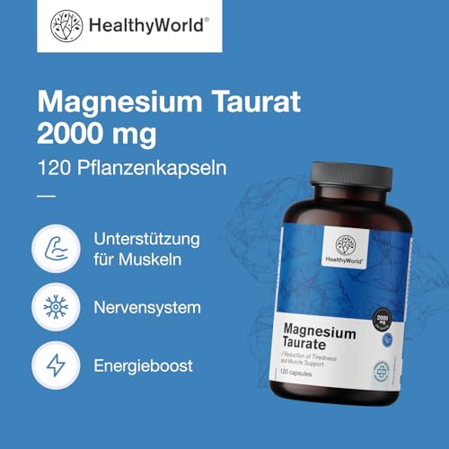 HealthyWorld® Magnesium Taurat 2000 mg - 120 Pflanzenkapseln - Magnesium + Taurin - Hoher Gehalt - Für Muskeln und Nervensystem - Gut verträglich
