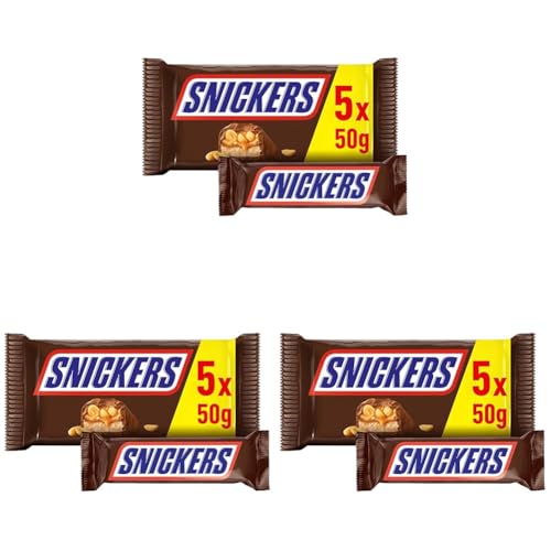 Snickers Barrita de Chocolate con Leche, Crema de Cacahuete, Caramelo y Cacahuetes, 5 x 50g (Paquete de 3)