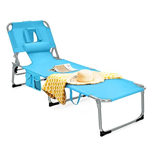 Tangkula Tumbona de playa con agujero para la cara, silla plegable ajustable reclinable para tomar el sol con bolsillo lateral, silla de bronceado portátil boca abajo para exteriores, patio trasero