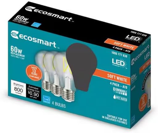 EcoSmart Classic Glass 60-Watt Equivalent A19 Energy Star LED Light Bulb Soft White (4-Pack)